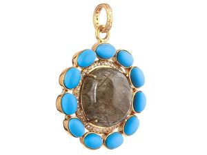 Pave Diamond & Golden Rutile With Turquoise Flower Pendant, (DPL-2561)