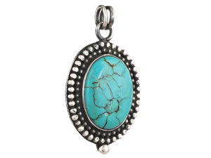 Sterling Silver Turquoise Dotted Oval Handcrafted Artisan Pendant, (SP-5755)