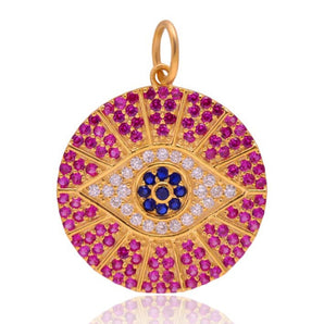 14K Solid Gold Pave Diamond Lapis & Ruby Evil Eye Pendant,  (14K-DP-103)