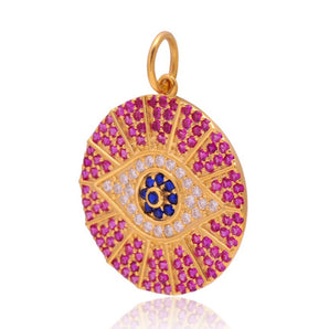 14K Solid Gold Pave Diamond Lapis & Ruby Evil Eye Pendant,  (14K-DP-103)