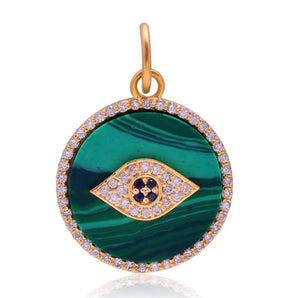 14K Solid Gold Pave Diamond Malachite Evil Eye Pendant,  (14K-DP-101)