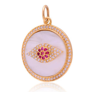 14K Solid Gold Pave Diamond Mother Of Pearl Evil Eye Pendant,  (14K-DP-096)