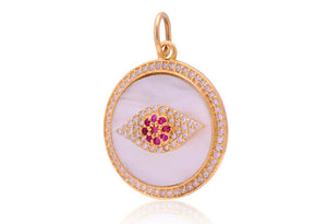 14K Solid Gold Pave Diamond Mother Of Pearl Evil Eye Pendant,  (14K-DP-096)