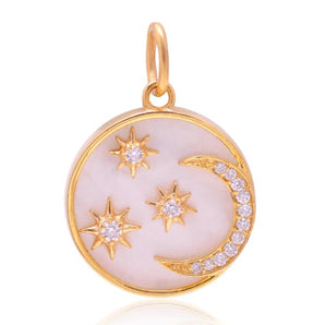 14K Solid Gold Pave Diamond Mother Of Pearl Crescent Star Moon Pendant,  (14K-DP-105)