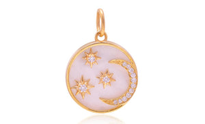 14K Solid Gold Pave Diamond Mother Of Pearl Crescent Star Moon Pendant,  (14K-DP-105)