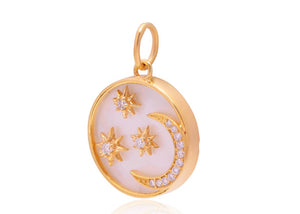 14K Solid Gold Pave Diamond Mother Of Pearl Crescent Star Moon Pendant,  (14K-DP-105)