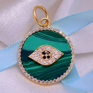 14K Solid Gold Pave Diamond Malachite Evil Eye Pendant,  (14K-DP-101)