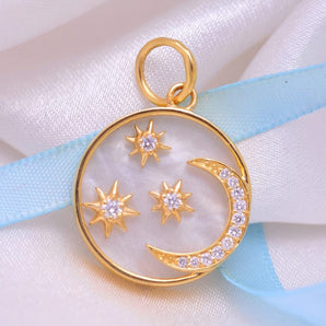 14K Solid Gold Pave Diamond Mother Of Pearl Crescent Star Moon Pendant,  (14K-DP-105)