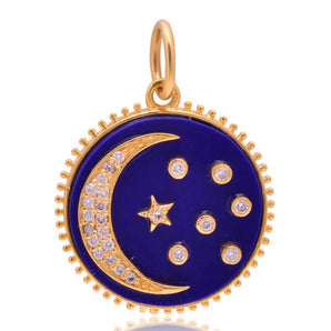 14K Solid Gold Pave Diamond Lapis Moon and Star Pendant,  (14K-DP-098)