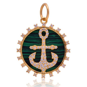 14K Solid Gold Pave Diamond Malachite Anchor Pendant,  (14K-DP-107)