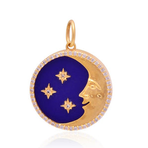 14K Solid Gold Pave Diamond Lapis Crescent Star Moon Pendant,  (14K-DP-104)