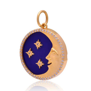 14K Solid Gold Pave Diamond Lapis Crescent Star Moon Pendant,  (14K-DP-104)