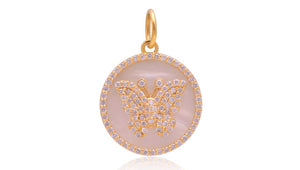 14K Solid Gold Pave Diamond Mother Of Pearl Butterfly Pendant, (14K-DP-092)
