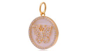 14K Solid Gold Pave Diamond Mother Of Pearl Butterfly Pendant, (14K-DP-092)