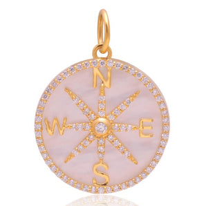 14K Solid Gold Pave Diamond Mother Of Pearl Compass Pendant,  (14K-DP-097)