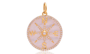 14K Solid Gold Pave Diamond Mother Of Pearl Compass Pendant,  (14K-DP-097)