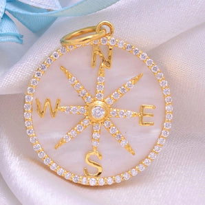 14K Solid Gold Pave Diamond Mother Of Pearl Compass Pendant,  (14K-DP-097)