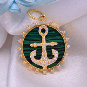 14K Solid Gold Pave Diamond Malachite Anchor Pendant,  (14K-DP-107)