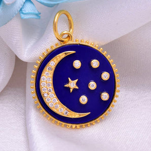 14K Solid Gold Pave Diamond Lapis Moon and Star Pendant,  (14K-DP-098)