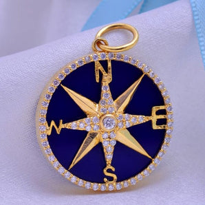 14K Solid Gold Pave Diamond Lapis North Star Compass Pendant,  (14K-DP-094)