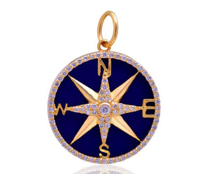 14K Solid Gold Pave Diamond Lapis North Star Compass Pendant,  (14K-DP-094)