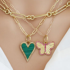 14K Solid Gold Pave Diamond & Malachite Love Heart Pendant, (14K-DP-013)