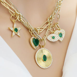 14K Solid Gold Pave Diamond & Emerald Fluted Pendant, (14K-DP-110)