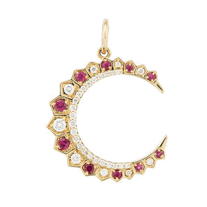 14K Solid Gold Pave Diamond & Ruby Crescent Moon Pendant, (14K-DP-036)