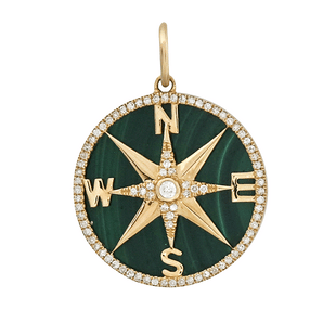 14K Solid Gold Pave Diamond & Malachite Compass North Star Pendant, (14K-DP-037)