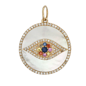 14K Solid Gold Pave Diamond & Mother of Pearl Evil Eye Pendant, (14K-DP-039)