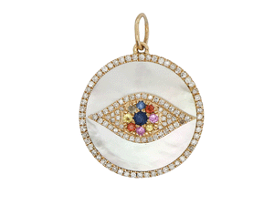 14K Solid Gold Pave Diamond & Mother of Pearl Evil Eye Pendant, (14K-DP-039)