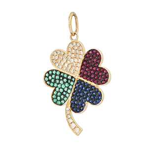 14K Solid Gold Four Leaf Clover with Diamonds, Emeralds, Rubies, & Sapphires Pendant, (14K-DP-040)