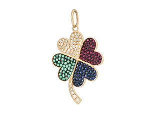 14K Solid Gold Four Leaf Clover with Diamonds, Emeralds, Rubies, & Sapphires Pendant, (14K-DP-040)