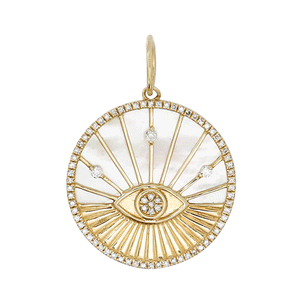 14K Solid Gold Pave Diamond & Mother of Pearl Evil Eye Pendant, (14K-DP-042)