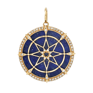 14K Solid Gold Pave Diamond & Lapis Compass Pendant, (14K-DP-044)