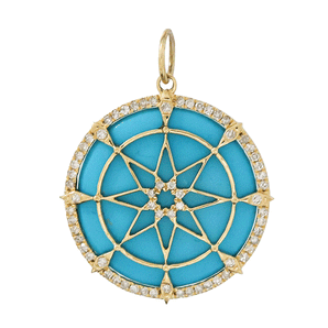 14K Solid Gold Pave Diamond & Turquoise Compass Pendant, (14K-DP-045)