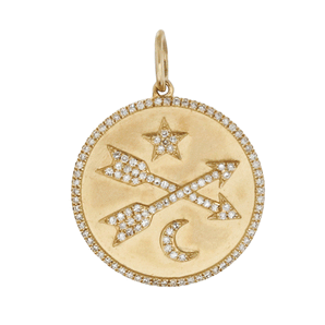 14K Solid Gold Pave Diamond Crossed Arrows Star & Moon Medallion, (14K-DP-047)