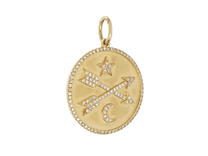 14K Solid Gold Pave Diamond Crossed Arrows Star & Moon Medallion, (14K-DP-047)
