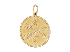 14K Solid Gold Pave Diamond Crossed Arrows Star & Moon Medallion, (14K-DP-047)