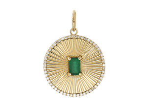 14K Solid Gold Pave Diamond  Fluted Emerald Pendant, (14K-DP-050)
