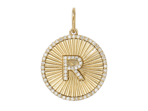 14K Solid Gold Pave Diamond Fluted Initial Pendant, (14K-DP-051)