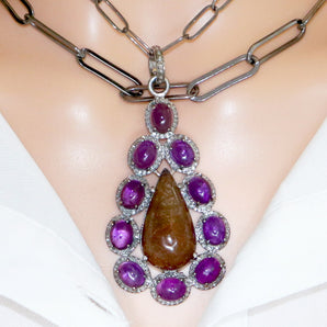 Pave Diamond Rutilated Quartz & Amethyst Drop Pendant, (DPL-2593)