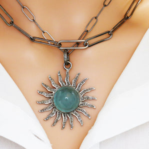 Pave Diamond Aquamarine Sun Pendant, (DPL-2594)