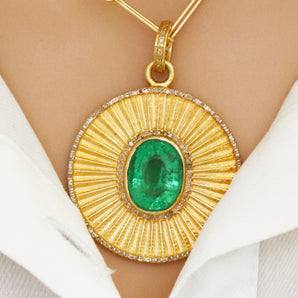 Pave Diamond Fluted Emerald Pendant, (DPL-2588)