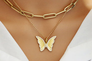 14K Solid Gold & Pave Diamond Butterfly Pendant, (14K-DP-052)