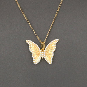 14K Solid Gold & Pave Diamond Butterfly Pendant, (14K-DP-052)