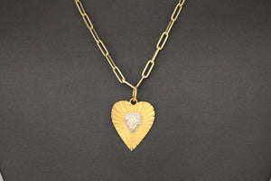 14K Solid Gold Pave Diamond Fluted Heart Pendant, (14K-DP-072)