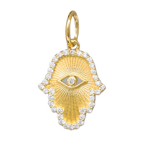 14K Solid Gold Pave Diamond Hamsa Hand Pendant, (14K-DP-066)