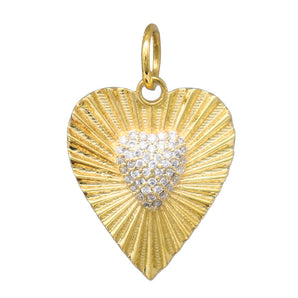 14K Solid Gold Pave Diamond Fluted Heart Pendant, (14K-DP-072)