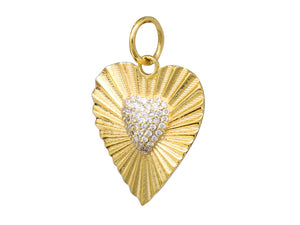 14K Solid Gold Pave Diamond Fluted Heart Pendant, (14K-DP-072)